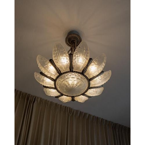 Art Deco Bronze and Glass Chandelier by Georges Leleu, France, 1930s For Sale - Image 12 of 18