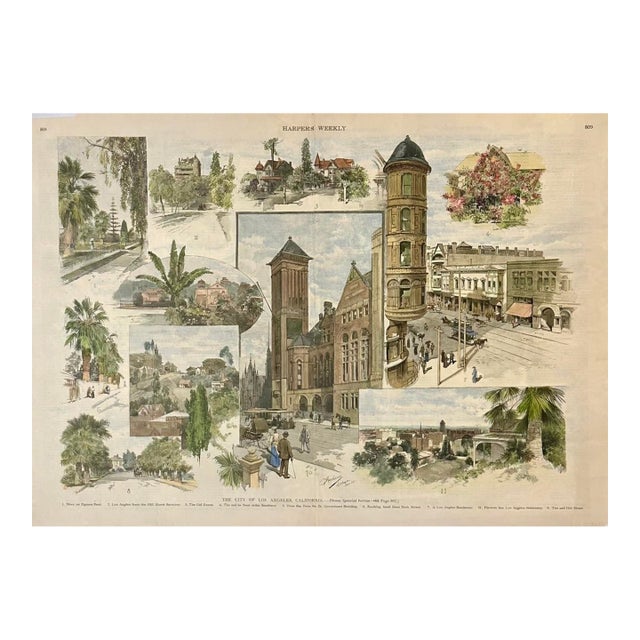 Los Angeles, California – Harper’s Weekly 1890 Hand-Colored Original Engraving For Sale