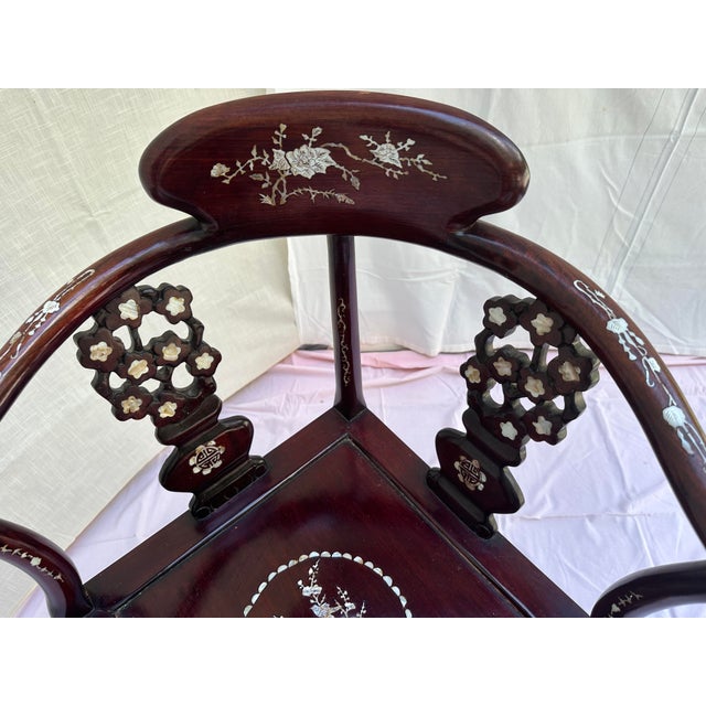 Chinese Vintage Chinese Carved Hardwood Corner Lounge Chair With Mother of Pearl Inlay For Sale - Image 3 of 6