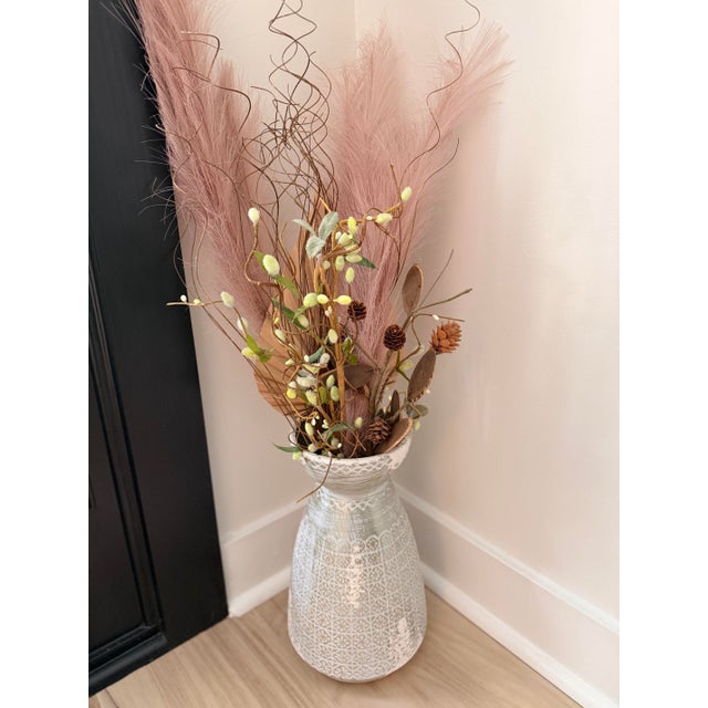 Robin's Egg Blue Large Robin’s Egg Blue/White and Brushed Gold Distressed Ceramic Vase | Textured Floor Vase For Sale - Image 8 of 9