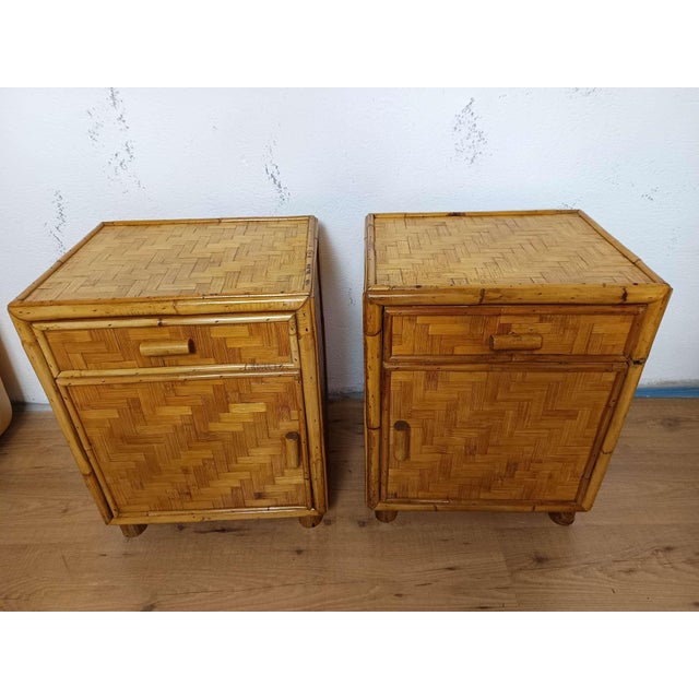 Gorgeous pair of 1970s pressed bamboo bedside tables, perfect for a boho chic decor; beautiful, practical and functional.