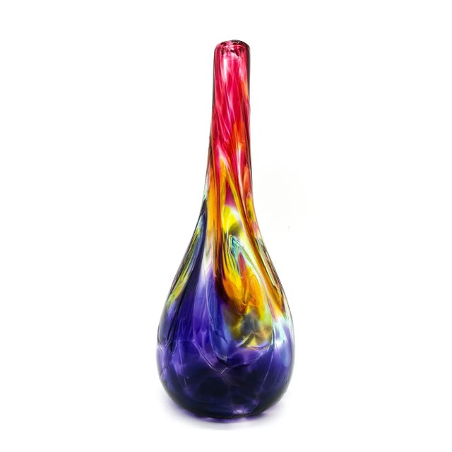 Glass Vibrant Hand-Blown Art Glass Vase – Murano Style Rainbow Swirl – Mid-Century Modern / Contemporary Studio For Sale - Image 7 of 11