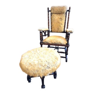 Barley Twist Vintage Wooden Rocking Chair With Mohair Matching Ottoman For Sale