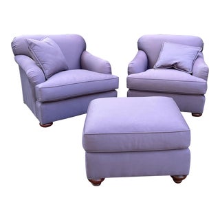 Super Pair of Baker Upholstered Club Chairs and Ottoman in Aubergine For Sale