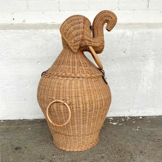 Figurative Vintage 1980s Wicker Whimsical Mario Lopez Torres Style Elephant Hamper For Sale - Image 3 of 8