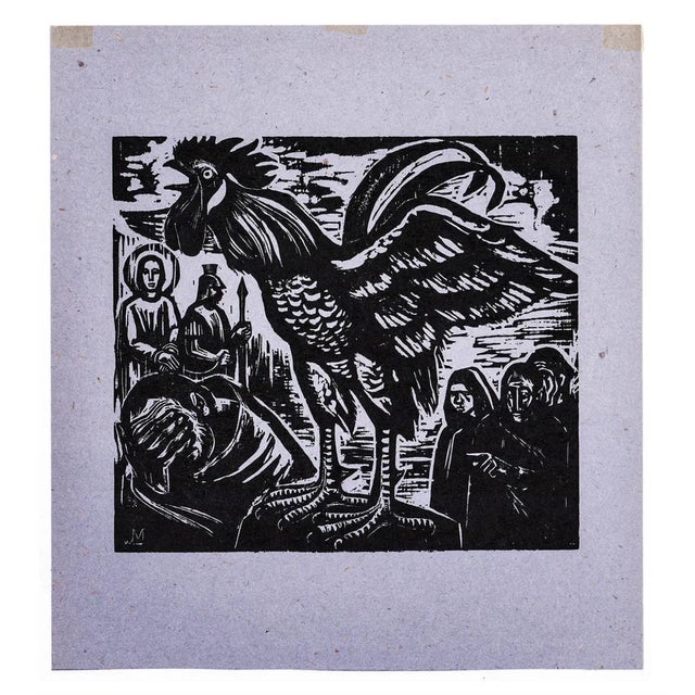 Biblical woodcut by German artist Walter Mellman (1910-2001) "Saint peter's Betrayal" rooster woodcut on paper. Unsigned,...