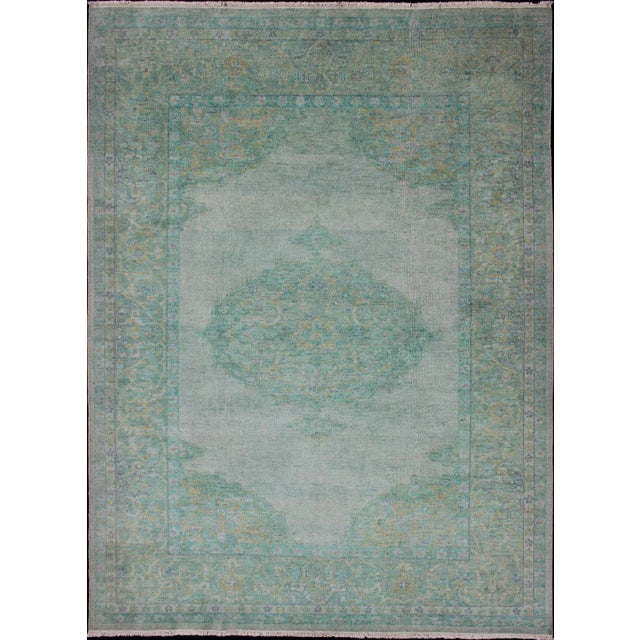 Modern Oushak Rug With Floral Medallion Design in Various Shades of Green 6'7" X 9'2" For Sale - Image 11 of 11