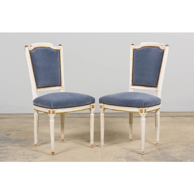 1900 - 1909 Antique French Louis XVI Style Painted Accent Chairs in Blue Mohair - A Pair For Sale - Image 5 of 18