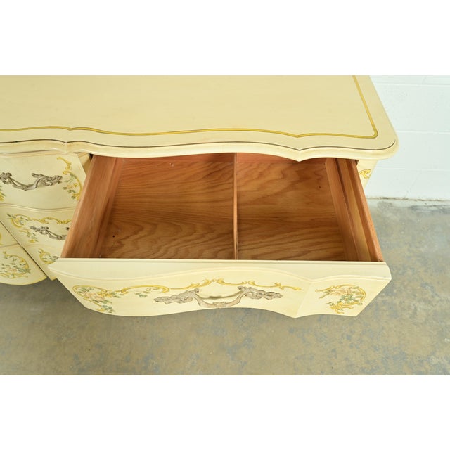 Cream Drexel Heritage French Provincial Louis XV Cream Lacquered Paint-Decorated Triple Dresser or Credenza, 1970s For Sale - Image 8 of 13