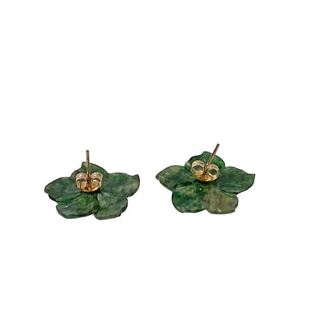 Pair Dark Green Jade Stone Flower Petal Shape Earrings Display Art For Sale In San Francisco - Image 6 of 6