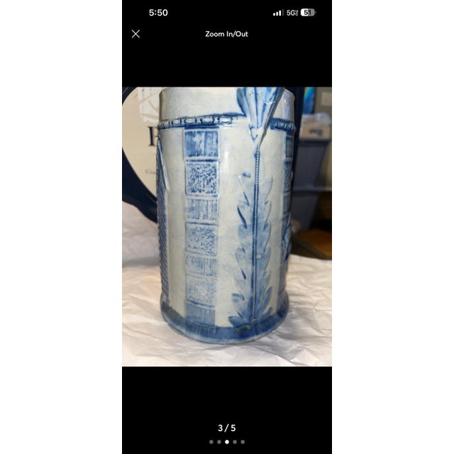 Late 19th Century Embossed Blue and White Stoneware Pitcher by Robinson Pottery Company. For Sale - Image 5 of 5