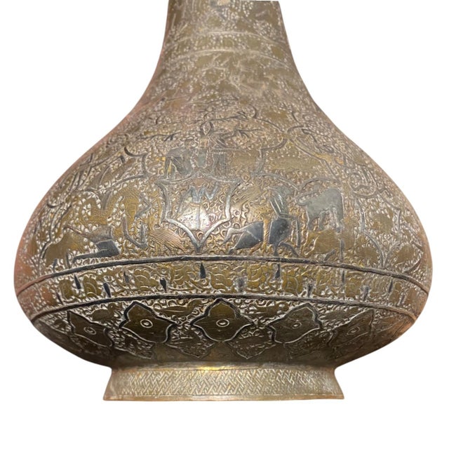 Extraordinary 19th Century Qajar Persian Brass Vase Islamic Arabesque Antique Engraved Figures Animals 13.5" For Sale - Image 4 of 15