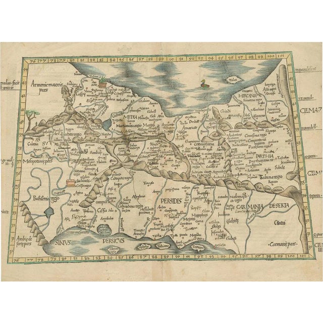 Original Antique Woodcut Map of Middle East, 1525 For Sale
