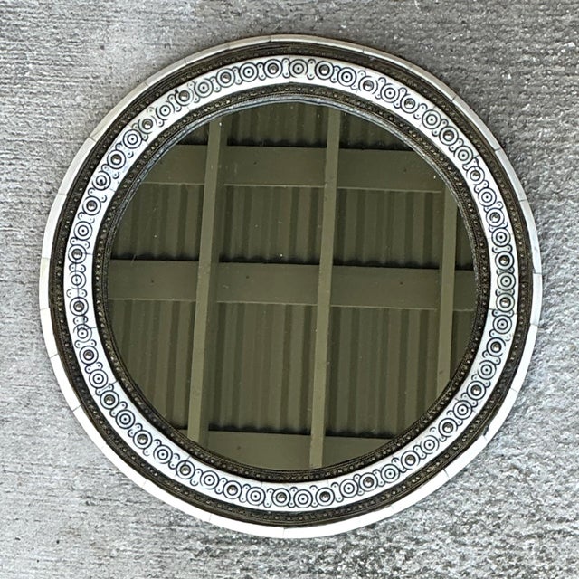 Eggshell Vintage Round Inlaid Wood Wall Mirror For Sale - Image 8 of 12