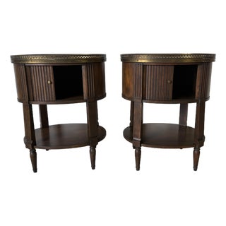 Vintage Baker Furniture French Regency Style Tambour Door Nightstands With Pierced Brass Gallery – A Pair For Sale