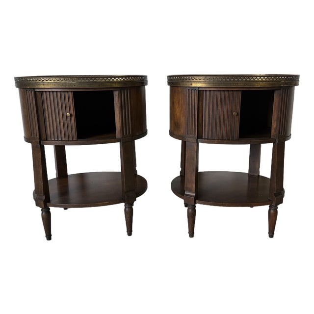 Vintage Baker Furniture French Regency Style Tambour Door Nightstands With Pierced Brass Gallery – A Pair For Sale