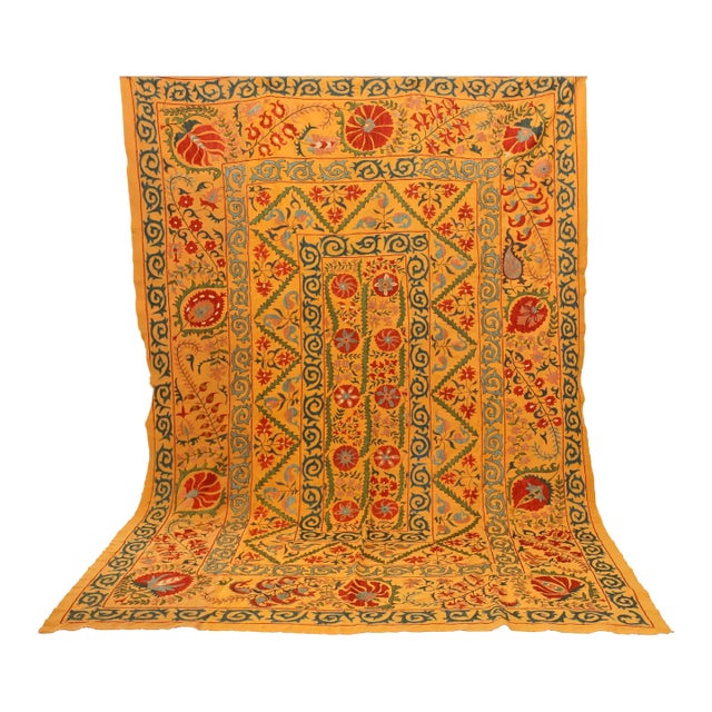 Large Vintage Embroidered Uzbek Suzani Yellow Blue Red For Sale