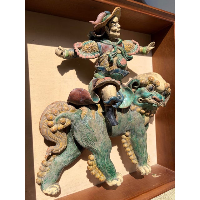 Wood Framed Antique Chinese Roof Tile Mythical Guardian Warrior on Foo Dog For Sale - Image 4 of 10