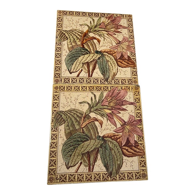 Pair of Antique English Botanical Tiles For Sale