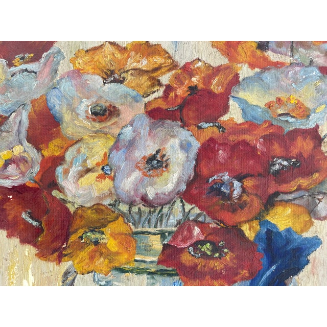 1939 Vintage French Oil Painting – Poppies on Wooden Panel For Sale - Image 4 of 6