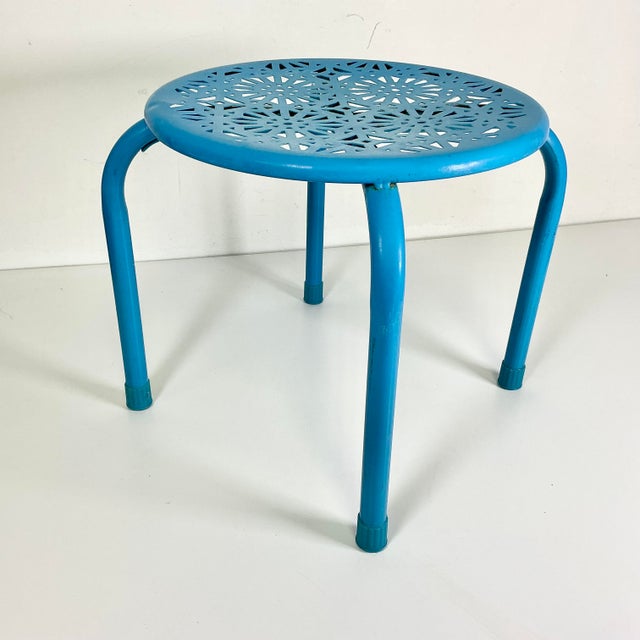 Metal Mid-Century Boho Chic Atomic Pierced Metal Outdoor Patio Low Stool. For Sale - Image 7 of 12