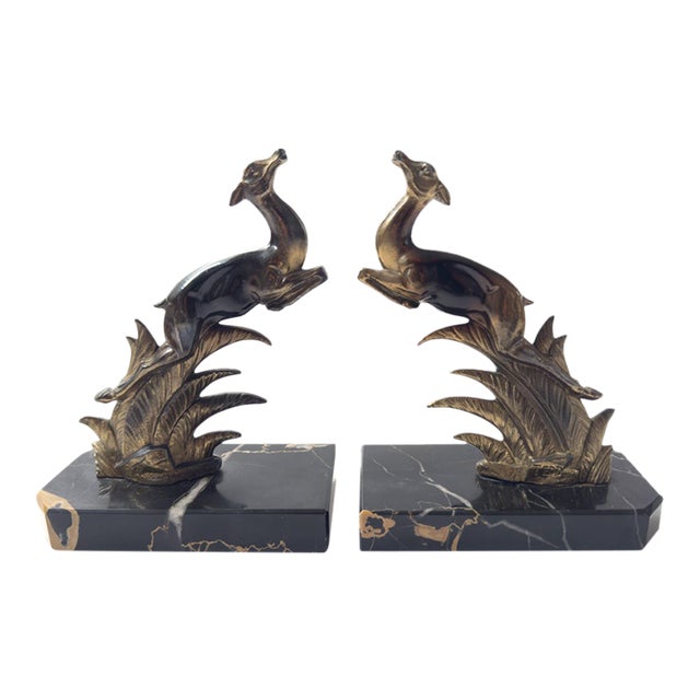 Pair of French Art Deco Leaping Antelope Bookends, Signed Tedd, C. 1930 For Sale