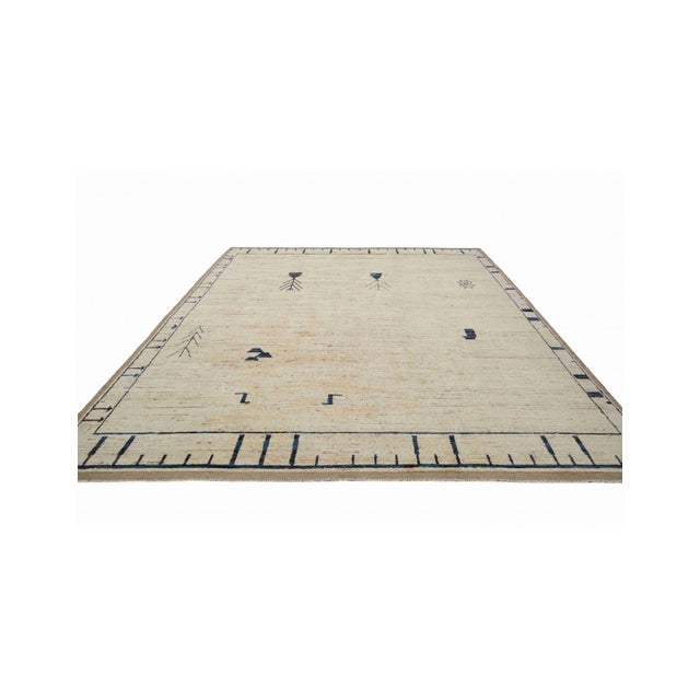 Mid-Century Modern Neutral & Blue Modern Hand Knotted Rug For Sale - Image 3 of 8