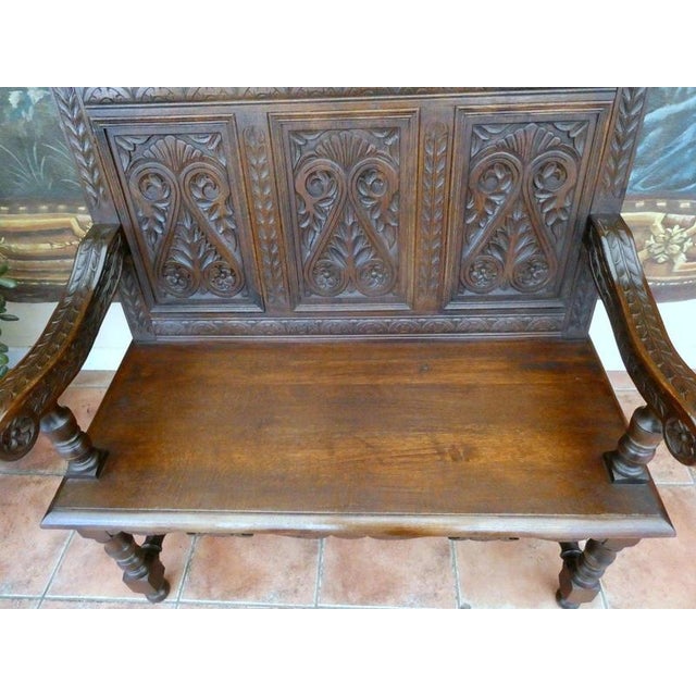 19th Century Antique Victorian Carved Country Oak Settle Bench, 1830 For Sale - Image 5 of 18