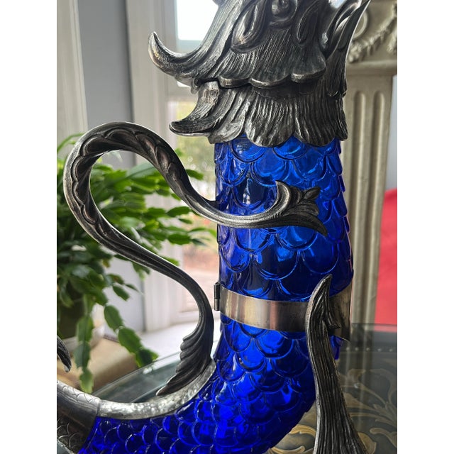 Hand-Blown Sapphire Blue Glass Claret With Silver Motifs For Sale - Image 4 of 12