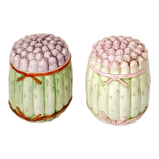 Vintage Small Majolica Style Porcelain Canisters With Asparagus Trompe l'Oeil, Made in Italy - Set of 2 For Sale
