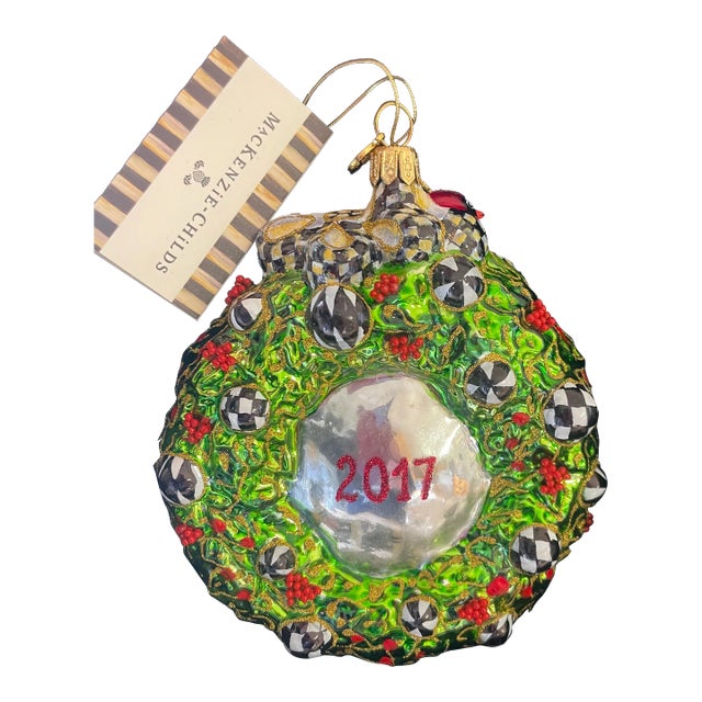 Mackenzie-Childs Glass Christmas Tree Ornament - 2017 Wreath With Cardinals and Bells For Sale
