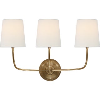 Thomas O'Brien for Visual Comfort Signature Vendome Triple Sconce in Hand-Rubbed Antique Brass with Linen Shades For Sale
