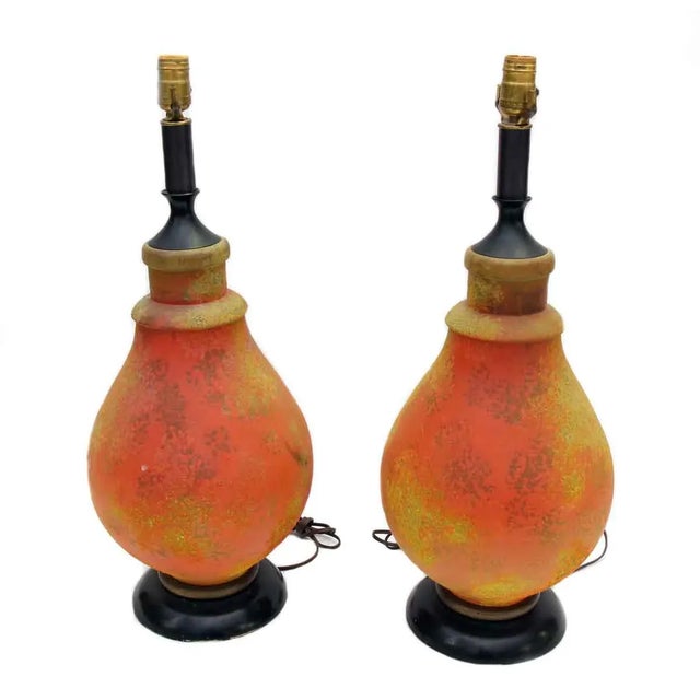 Orange Pair of 1970s Mid Century Orange Glass Table Lamps For Sale - Image 8 of 8