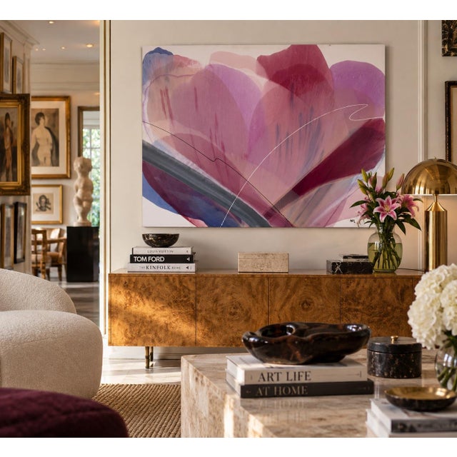 Striking large-scale 1980s abstract acrylic on canvas painting, signed “Marj” in the lower right corner. The composition...
