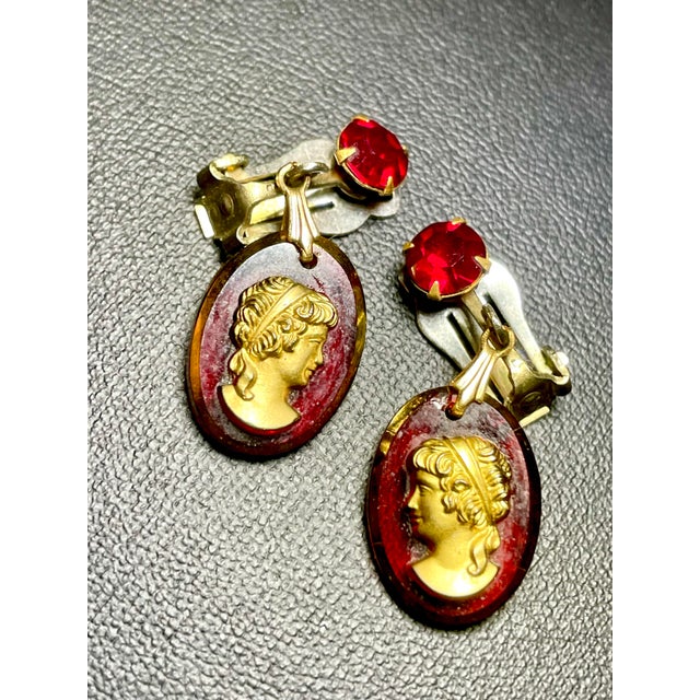 1950s Unsigned Coro Style Victorian/Neoclassical Revival Gold Cameo Cip-Back Earrings For Sale In South Bend - Image 6 of 6