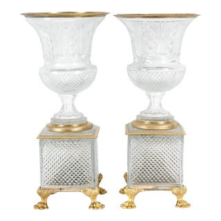 Late 19th Century Gilt Bronze / Cut Glass Vases / Centerpieces For Sale