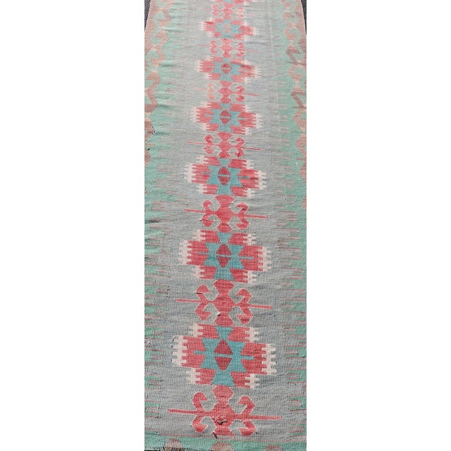 Mid 20th Century Mid 20th Century Geometric Medallion Vintage Turkish Tribal Kilim Flat-Weave Runner For Sale - Image 5 of 12