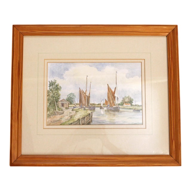 Circa 1950s Fishing Boats Watercolor Scene by Dorothy Lightfoot For Sale