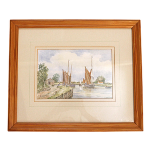 Circa 1950s Fishing Boats Watercolor Scene by Dorothy Lightfoot