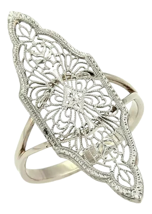 Art Deco 14k White Gold Migraine Filigree Long Shape Ring