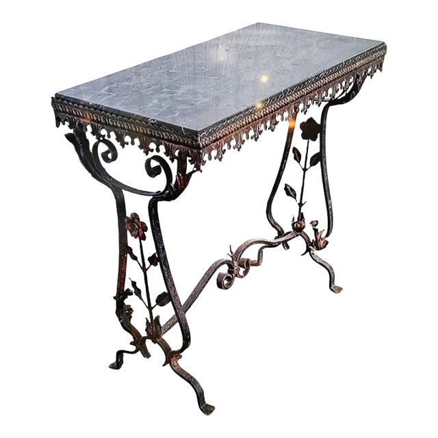 1920s Black Marble Wrought Iron Table W Flowers For Sale