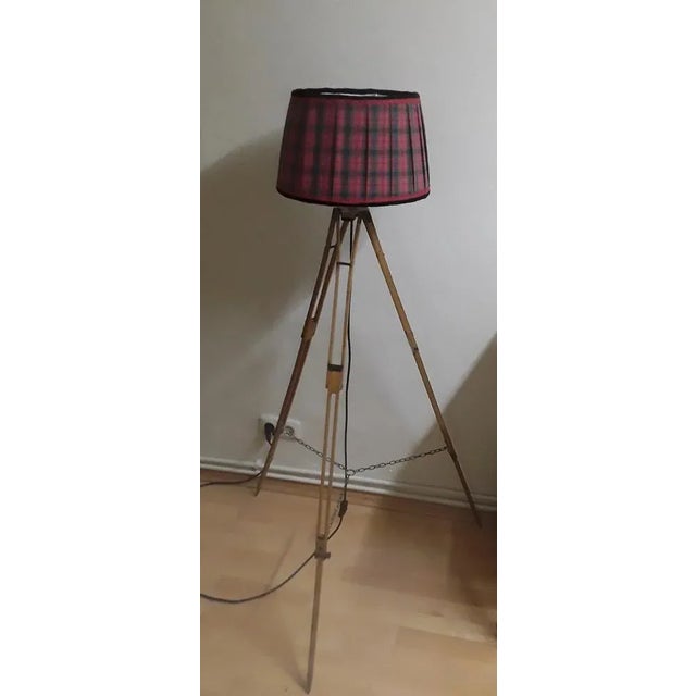 Vintage Floor Lamp with Antique Oak Tripod Frame with Brass Brackets and Handmade Red Fabric Shade from Lamplove, 1890s For Sale - Image 6 of 9