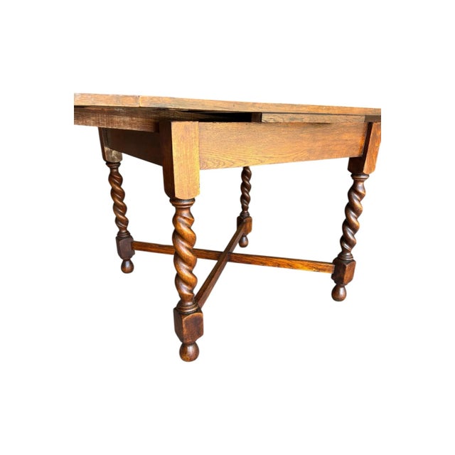 1930s Barley Twist, Quarter Sawn Solid Oak Draw Leaf Table. For Sale - Image 4 of 12