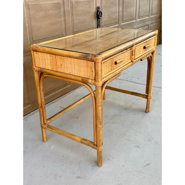 Vintage Boho Rattan Desk With Glass Top Chairish