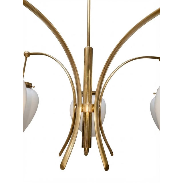 Mid-Century Modern 1950s Stilnovo Elegant Five-Arm Brass Chandelier With Frosted Glass Drops For Sale - Image 3 of 8