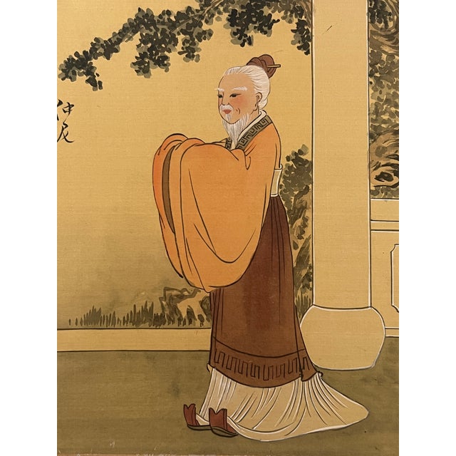 Antique Chinese Painting on Fine Silk of a Scholar or Sage, in Orange Robe, Framed & Signed For Sale - Image 4 of 6