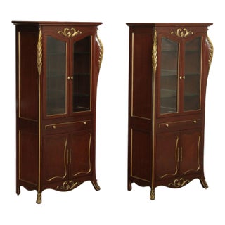 Art Nouveau Style Custom Mahogany & Partial Gilt China Cabinets For Sale