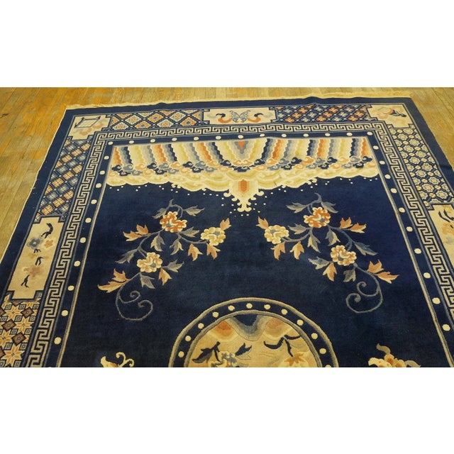 1920s Navy Blue Birds Medallion Antique Chinese Peking Carpet 6' 1'' X 9' Knotted Wool Rug For Sale - Image 4 of 12