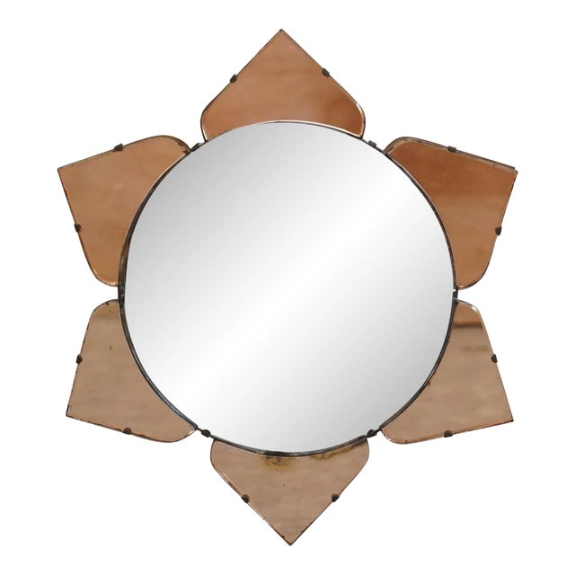Sublime 1930s Convex Art Deco Peach Glass Bevelled Venetian Round Petal Mirror For Sale