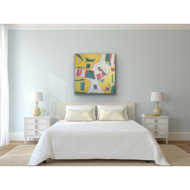 A bright and upbeat original contemporary abstract painting characterized by warm butter-yellow fields, crisp white...